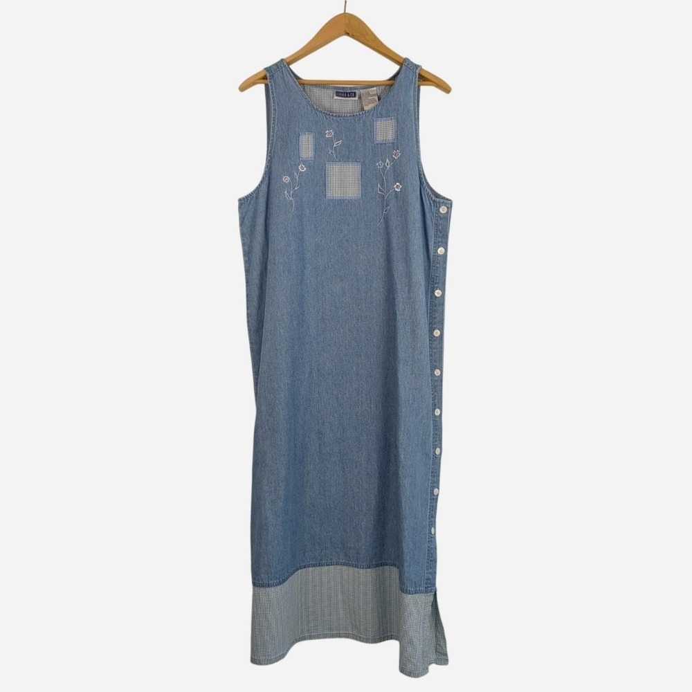 Vintage Erika and Co Denim Floral Embroidered Gingham Maxi Dress Large